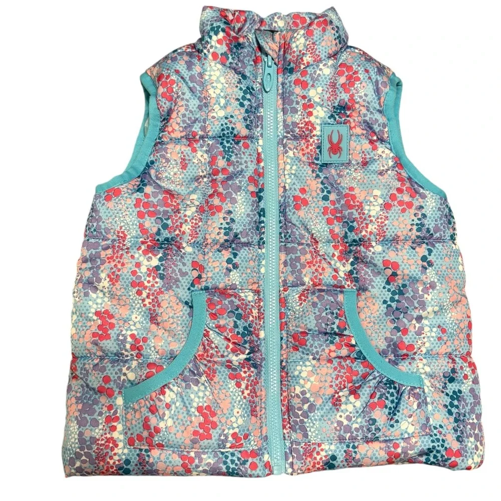 Spyder Kids Girls Puffer Vest 2T Blue Pink Floral Print Full Zip Pockets Cute
